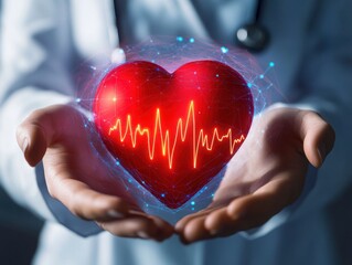 "Medical Professional Holding Digital Heart with ECG &ndash; Symbol of Cardiovascular Technology, Compassionate Care & Health Innovation"