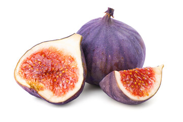 Whole and cut ripe figs isolated on white