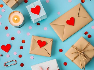 Fototapeta premium Valentine's Day gifts and letter with red hearts, candle top view on blue background