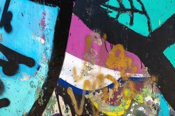 Abstract street art graffiti in bold teal, pink, and black with distressed textures. Retro 90s aesthetic, funky urban style. Ideal for background, urban visuals, web designs, headers.