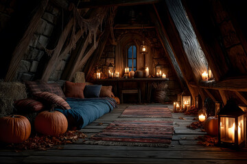 Cozy Autumn Retreat in Rustic Attic with Candlelight and Pumpkins