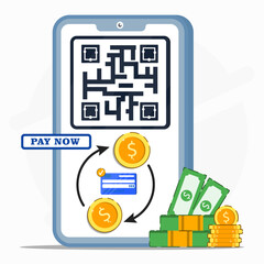 Illustration of QR code payment on smartphone with pay now button and money transfer with credit card concept of digital money, mobile banking and contactless finance technology.