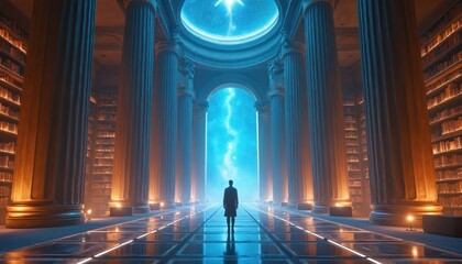 Person stands in grand library hall with glowing books. Futuristic architecture with columns, glass floor, and nebula sky entrance. Knowledge, future, and discovery.