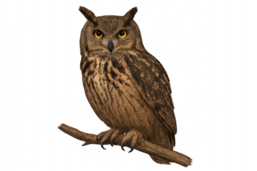 Eagle owl perching on branch with transparent background