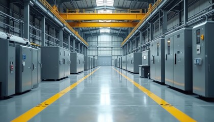 Fototapeta premium Interior shot of modern industrial factory. Rows of machinery, equipment stand in spacious workshop. Clean environment with bright lighting. Factory floor displays efficiency, advanced tech.