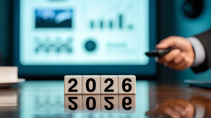 Business presentation scene with 2026 year cubes reflection on polished desk charts on screen and executive hand strategy planning and analytics for corporate visuals
