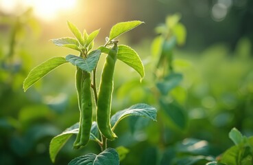 Obraz premium Young green pigeon pea pods grow on a plant in a sunlit field. Healthy legumes ripen on a bush ready for harvest. Agriculture and organic food production concept.