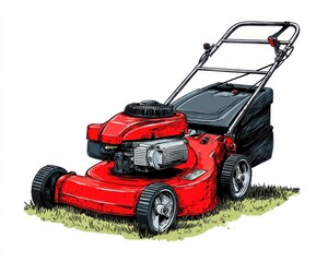 Lawn Mower Clip Art. Red Landscaping Tool Isolated Graphic on White Background