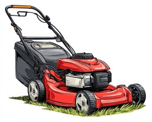 Lawn Mower Clip Art. Red Landscaping Tool for Trimming, Isolated on White Background