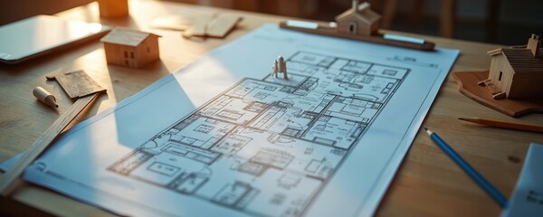 Home blueprint drawing lies on table with pencil. Wooden house models near project papers. Architect prepares new building construction plan. House interior design studio concept. House design