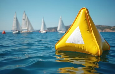 Yellow triangular buoy in water with white triangle. Sailboats racing in background on sunny day with clear blue sky. Water sports, regatta event in Aegean sea. Yellow marker floating on sea surface.