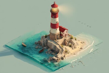 Lighthouse Isometric. Stunning 3D Isometric View of Sea Coast with Lighthouse