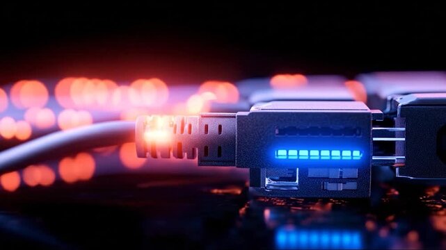 Network cable connecting to port for internet data transfer and communication
