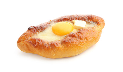Tasty khachapuri with cheese and egg isolated on white