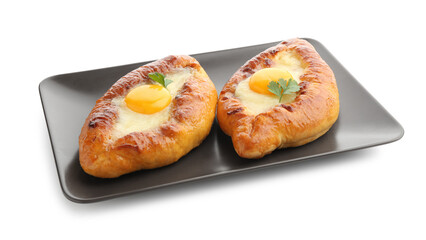 Tasty khachapuris with cheese, eggs and parsley isolated on white