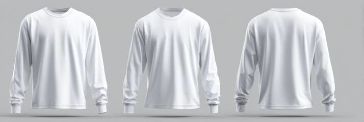 Longsleeve Template. Three-Dimensional Rendering of Men's White T-Shirt Mockup in Front, Side, and Back Views