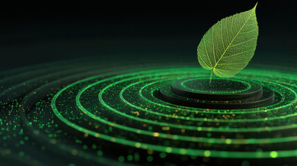 Green leaf technology eco sustainability digital growth renewable energy nature innovation sit on glowing green platform, futuristic and hopeful