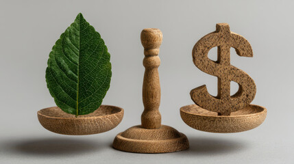 Balance scale leaf dollar wood eco finance sustainability compare minimal concept with calm tone