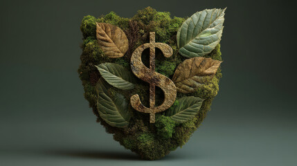 Eco shield sustainability finance green economy money dollar moss leaf nature protection weave calm focus