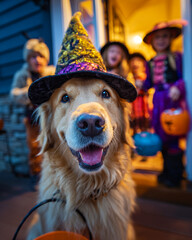 A Golden Retriever wearing a wizard's hat approaches the camera.