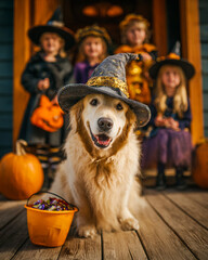 A Golden Retriever wearing a wizard's hat approaches the camera.