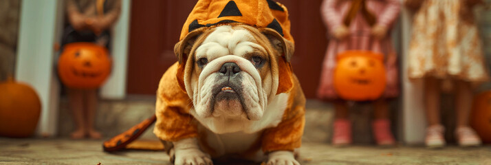 Bulldog in pumpkin costume refusing to move during trick or treat