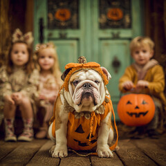 Bulldog in pumpkin costume refusing to move during trick or treat