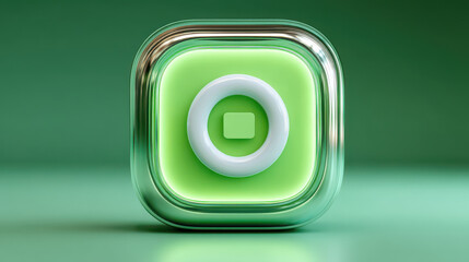 Neon green square icon glossy button 3D app symbol rounded glass frame minimal UI futuristic style glowing ring soft light modern vibe