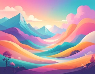 Vibrant and Colorful Abstract Landscape of Mountains and a Tranquil Valley
