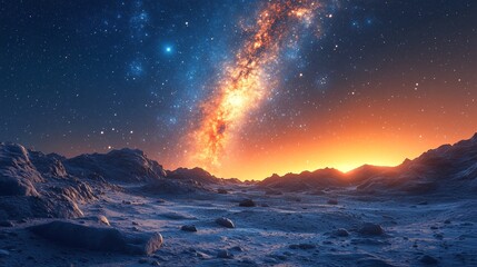 An alien landscape under a starry sky with mountains and cosmic phenomena illuminating the scene in vibrant hues