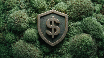 Eco shield money symbol green moss financial protection savings investment security sustainability with calm mood