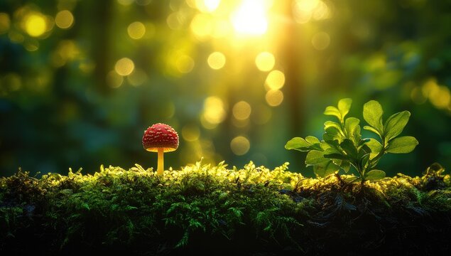 Red mushroom & plant on mossy log; sunlit forest backdrop