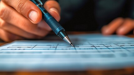 Hand holding a pen pointing at detailed architectural blueprints on a table with precision and focus