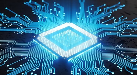 Ultra highresolution, professional studio photography of abstract glowing blue circuit board with central processor and radiating lines, representing technology and data flow