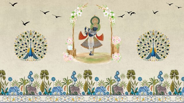 Dwarkadhish  krishna wallpaper in pichwai theme with planters 