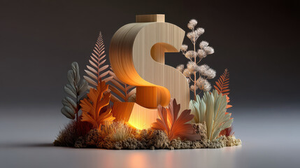 Glowing dollar symbol wooden sculpture botanical leaves warm light autumn foliage financial concept nature fusion 3D art mood