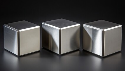 Three silver cubes reflect light on a dark surface