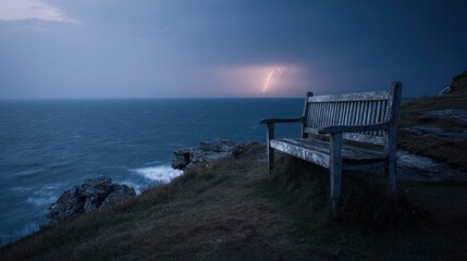 A wooden bench overlooking a stormy sea and lightning piercing the sky in the distance, a rocky shore and steep cliffs at dusk, with dramatic lighting, in a cinematic style.