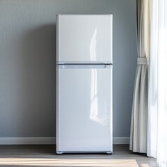 Tall white fridge stands near window with light gray wall