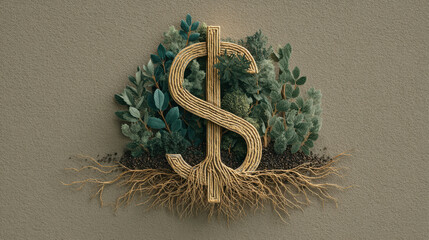 Eco finance dollar sign plant roots sustainability green growth money concept nature investment wealth soil