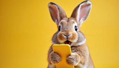 Fototapeta premium Surprised bunny holds yellow smartphone. Cute rabbit reacts with shock looking at mobile device. Funny animal uses tech gadget on studio background.