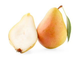 Whole and cut pears with green leaf isolated on white