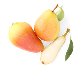 Whole and cut pears with green leaves isolated on white, top view
