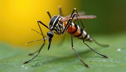 Fototapeta premium Macro photo mosquito insect on green leaf. Tiny creature detailed close-up. It has black white striped body and long legs. Danger disease carrier.