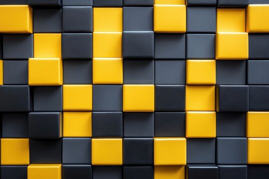 Black and yellow geometric abstract background with cubes and shapes, 3D
