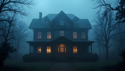 Haunted house in fog at night, eerie glow, spooky atmosphere, stock photo