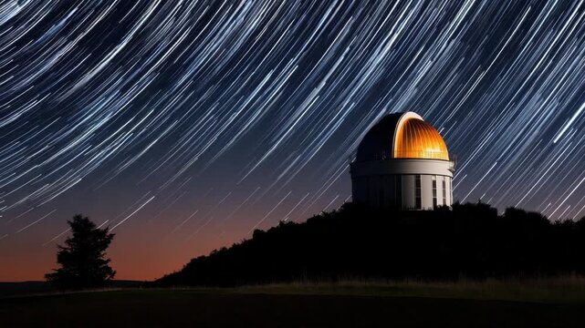 A remarkable astronomical observatory sits atop a hill under a vibrant starry sky, capturing the beauty of celestial wonders in a long-exposure photograph filled with star trails.