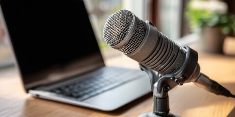 Fototapeta premium Studio microphone angled towards laptop on a wooden surface, with a blurred background of a window