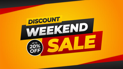 Weekend sale discount banner template with orange gradient background, up to 20% off, modern vector design for sale promotion, e-commerce, marketing ads, events, and websites