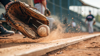 Intense close up of baseball player catching ball in leather glove on dusty field during an active game. catcher makes quick play